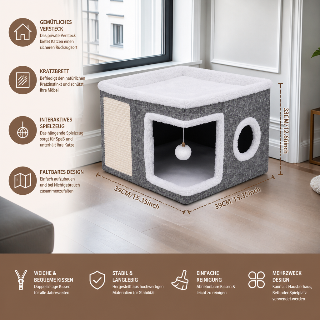 Modernes faltbares Katzenhaus mit doppelseitigem Ganzjahreskissen & Hängespielzeug