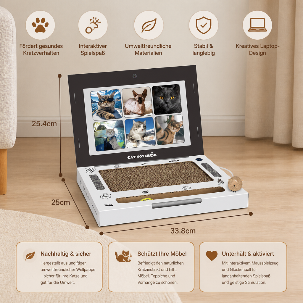 Laptop-Katzenkratzer aus Pappe & interaktives Spielzeug
