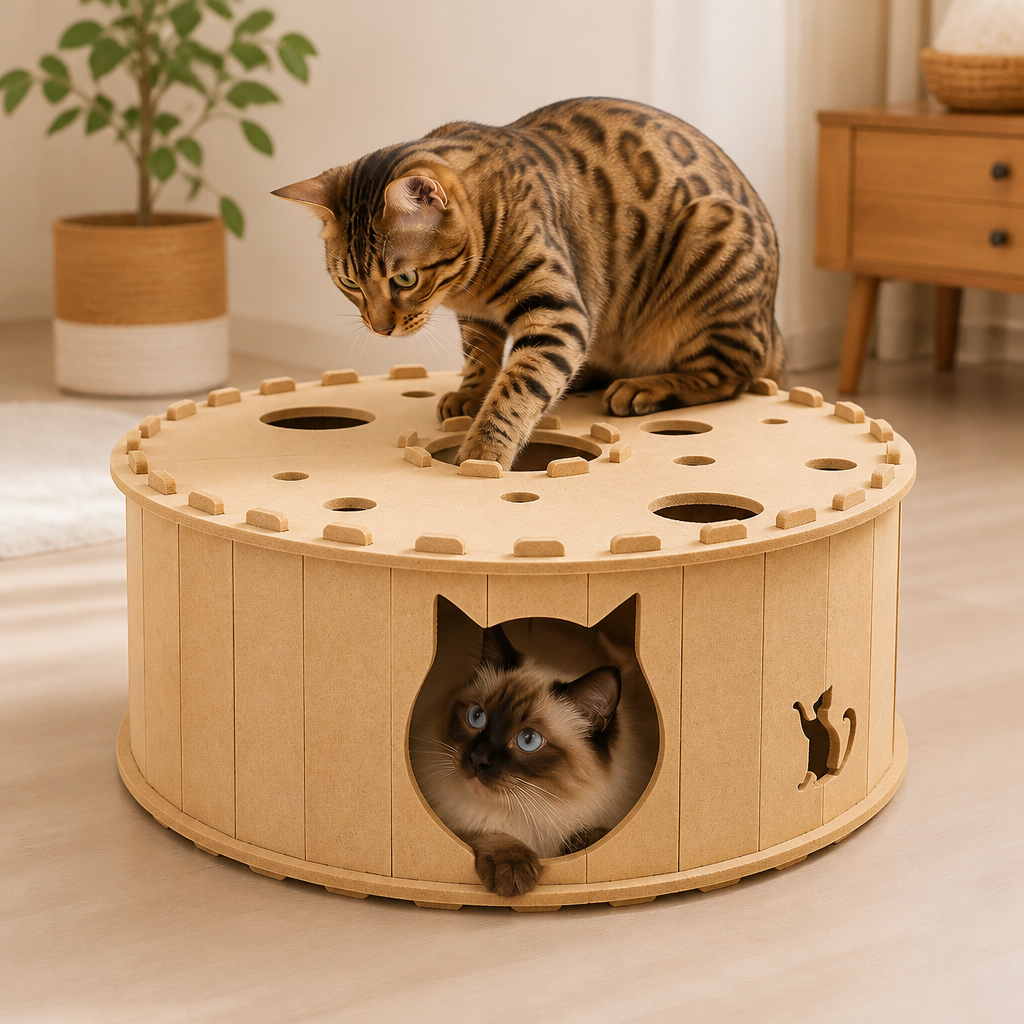 4-in-1-Faltbares Katzen-Tunnelhaus – Interaktives Versteck, Kratzbaum und Spielbett