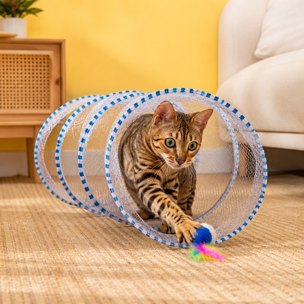 Faltbarer spiralförmiger Katzen-Spieltunnel mit Feder-Glöckchen