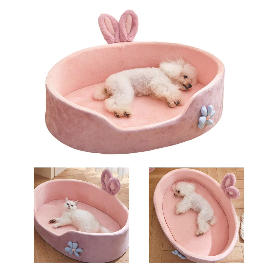 Hundebett Hase – Weiches Kuscheliges Haustierbett Mit Ohren Blumen-Deko