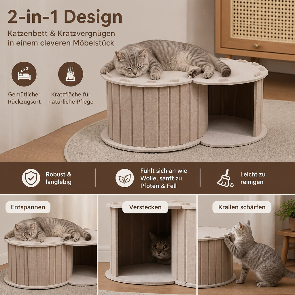 2-in-1 interaktives Katzenbett & Kratzversteck zum Spielen