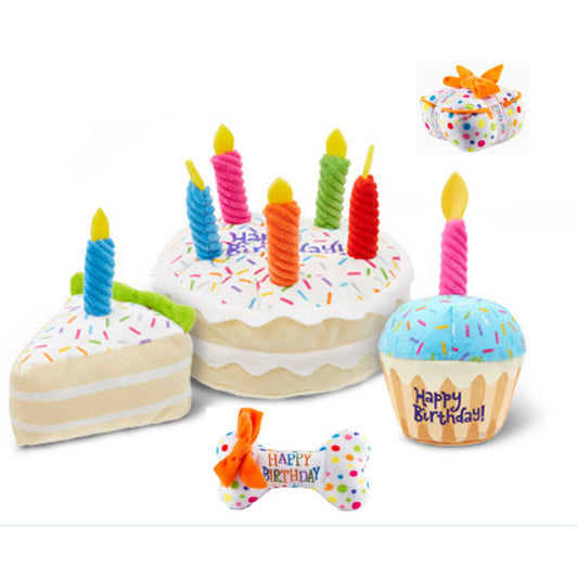 Hundespielzeug Geburtstag Set – Plüschkuchen, Cupcake & Knochen mit Quietschfunktion