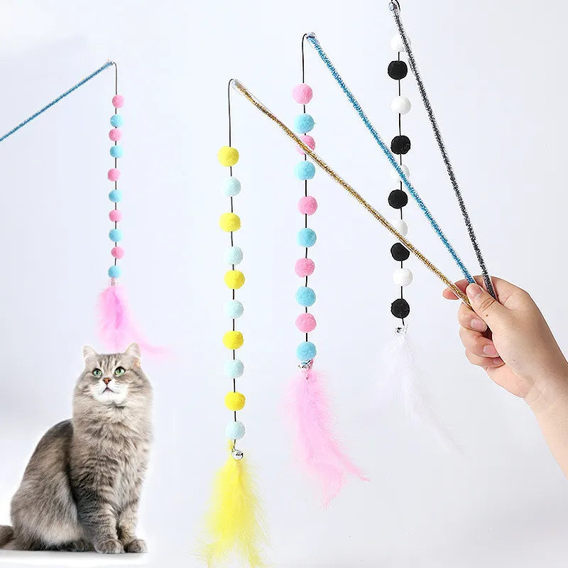 Interaktives Katzenspielzeug mit Pompons und Federn – Spielangel für Katzen