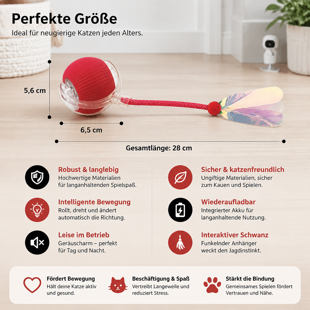 Verbesserter „Smart Rolling Cat Ball“ – strapazierfähiges interaktives Spielzeug mit Netzschwanz