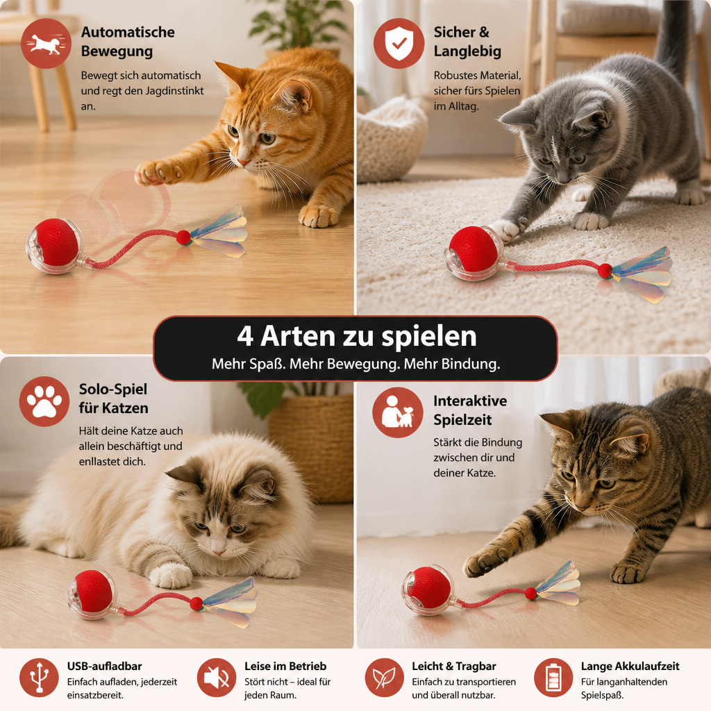 Verbesserter „Smart Rolling Cat Ball“ – strapazierfähiges interaktives Spielzeug mit Netzschwanz