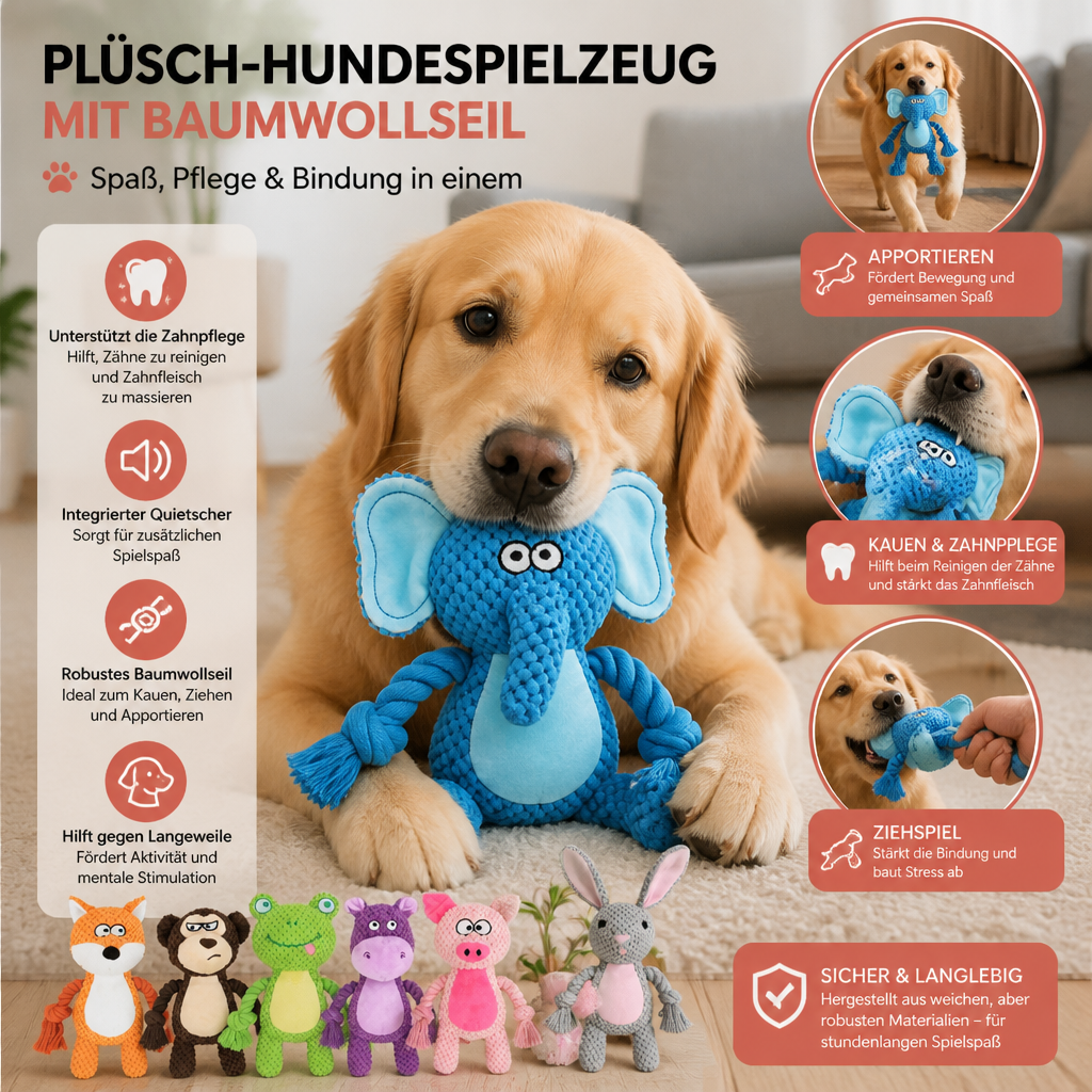 Plüsch-Hundespielzeug mit Baumwollseil - Quietscher & Zahnpflege