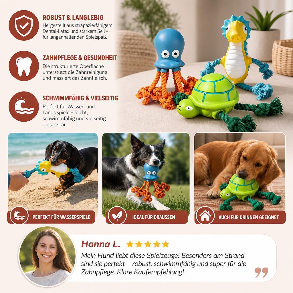 Robustes schwimmfähiges Hundespielzeug aus Dental-Latex mit Seil