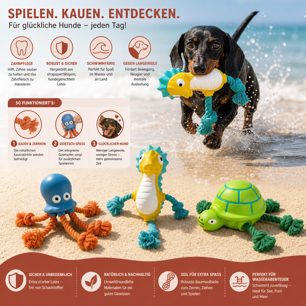 Robustes schwimmfähiges Hundespielzeug aus Dental-Latex mit Seil