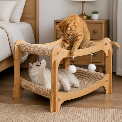 Doppelstöckiges Katzen-Spiel- & Liegebett aus Holz mit Sisal-Kratzrampe & Hängespielzeug