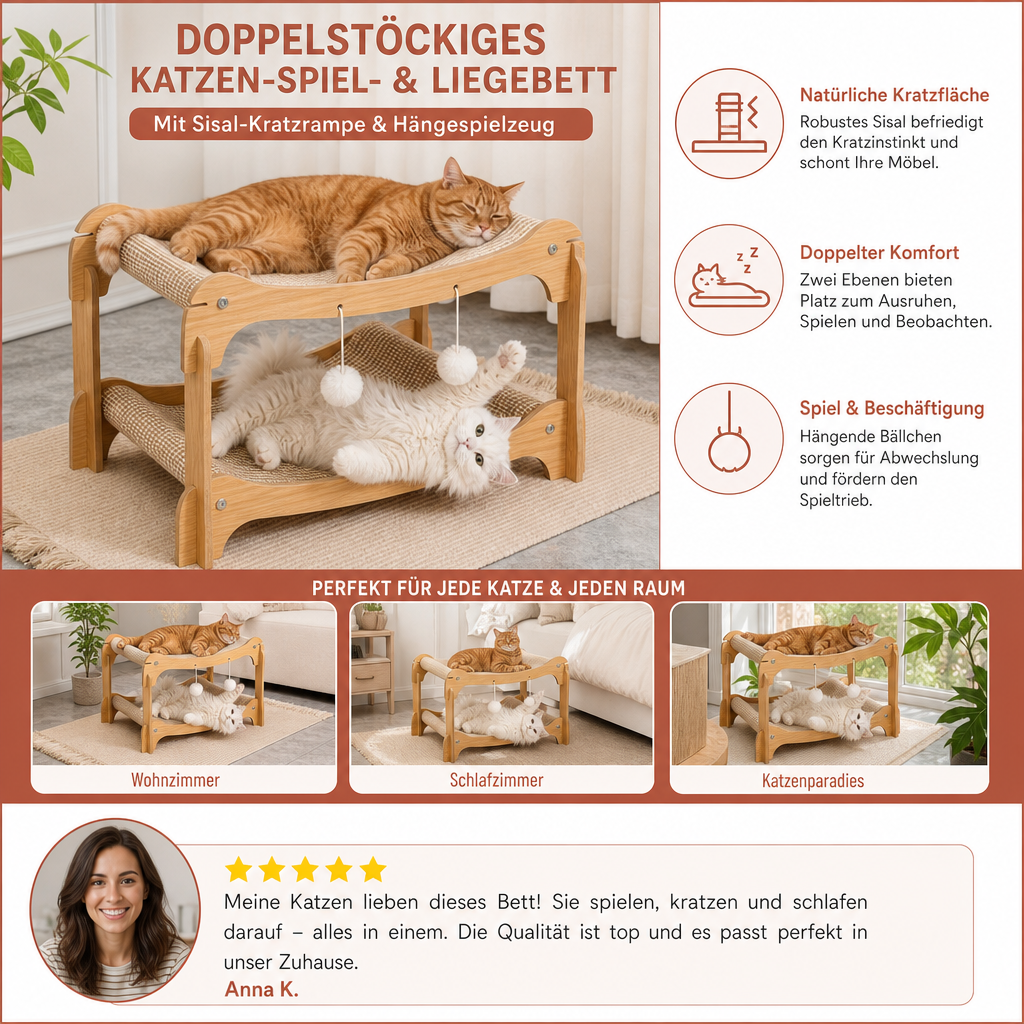 Doppelstöckiges Katzen-Spiel- & Liegebett aus Holz mit Sisal-Kratzrampe & Hängespielzeug