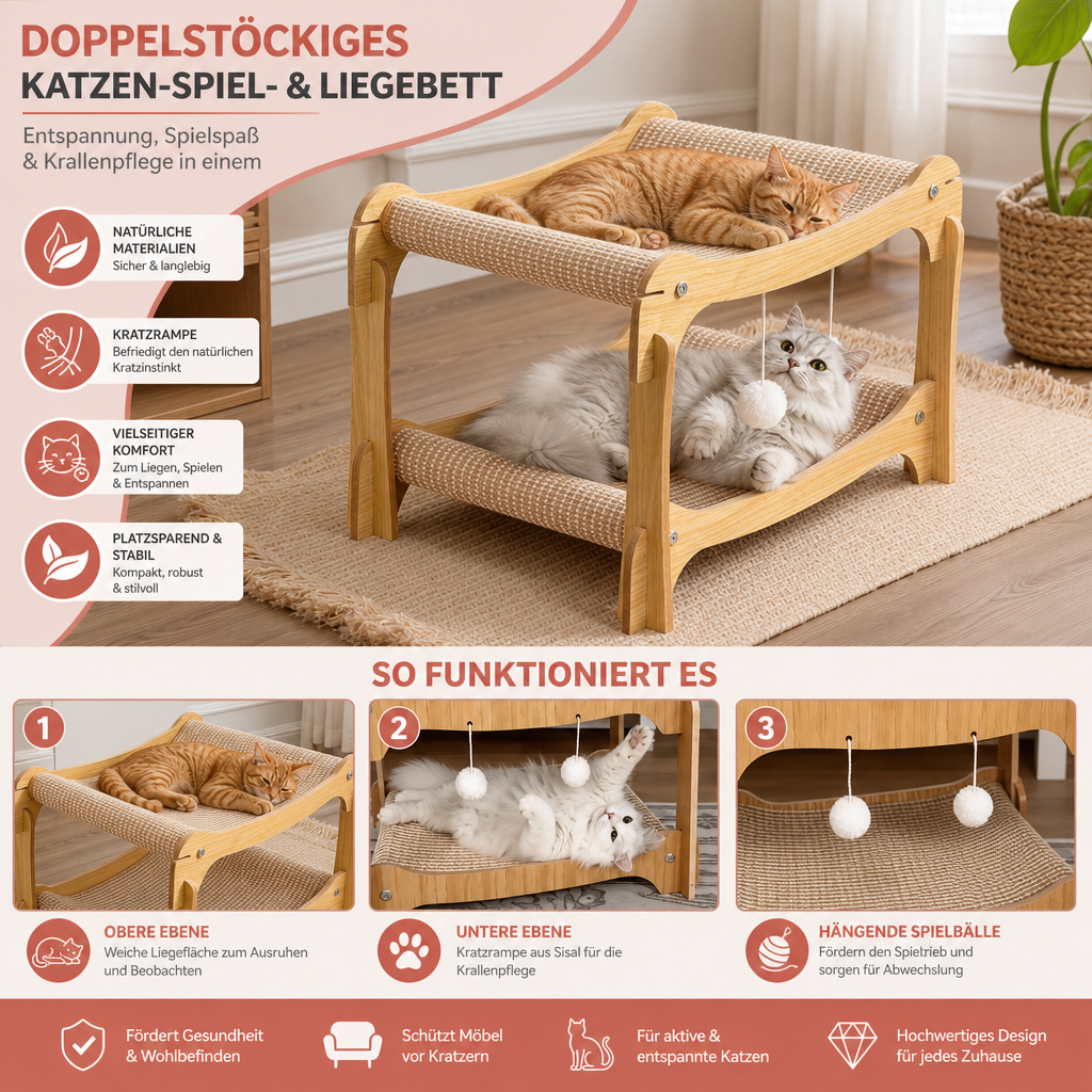 Doppelstöckiges Katzen-Spiel- & Liegebett aus Holz mit Sisal-Kratzrampe & Hängespielzeug