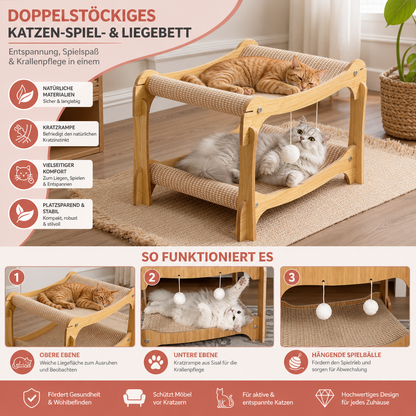 Doppelstöckiges Katzen-Spiel- & Liegebett aus Holz mit Sisal-Kratzrampe & Hängespielzeug