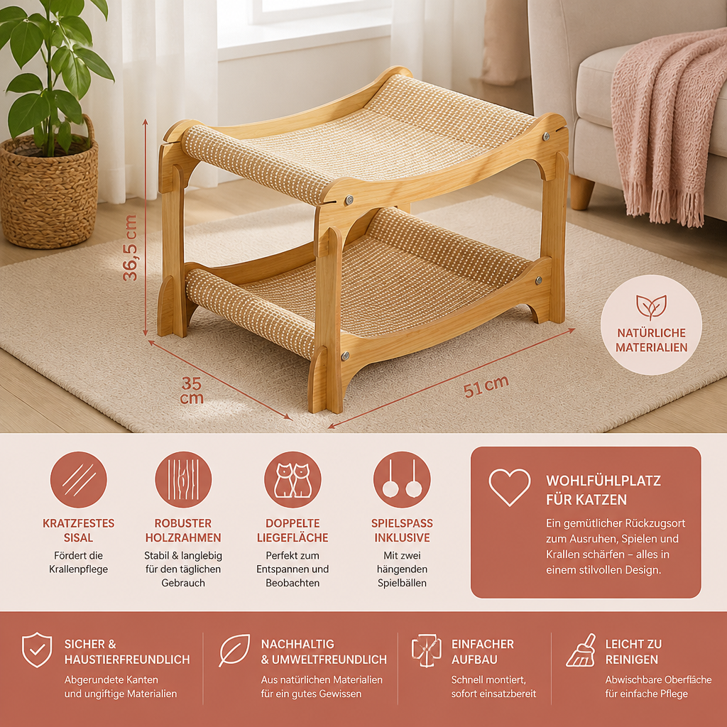 Doppelstöckiges Katzen-Spiel- & Liegebett aus Holz mit Sisal-Kratzrampe & Hängespielzeug
