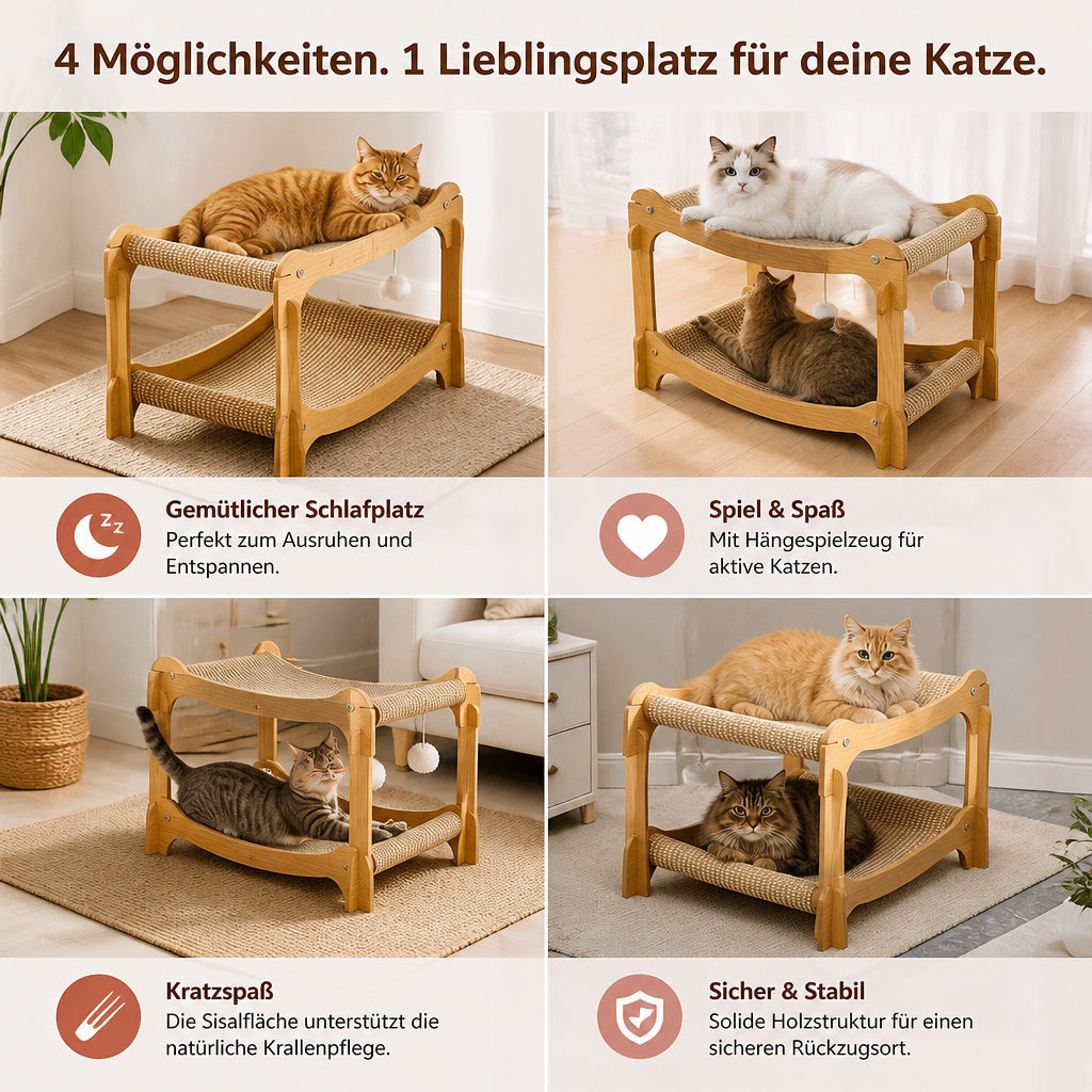 Doppelstöckiges Katzen-Spiel- & Liegebett aus Holz mit Sisal-Kratzrampe & Hängespielzeug