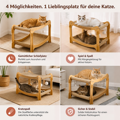 Doppelstöckiges Katzen-Spiel- & Liegebett aus Holz mit Sisal-Kratzrampe & Hängespielzeug