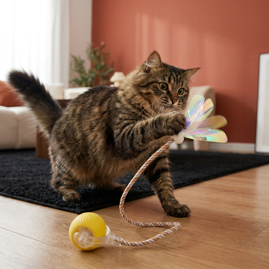 Verbesserter „Smart Rolling Cat Ball“ – strapazierfähiges interaktives Spielzeug mit Netzschwanz