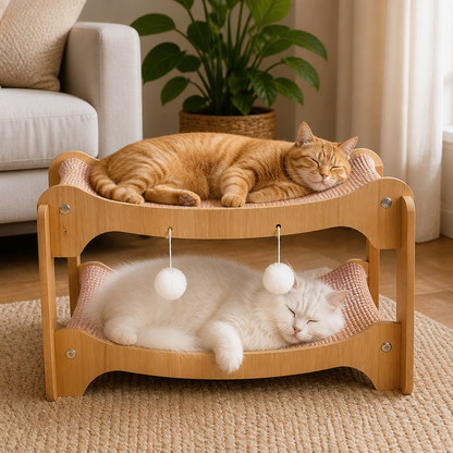 Doppelstöckiges Katzen-Spiel- & Liegebett aus Holz mit Sisal-Kratzrampe & Hängespielzeug