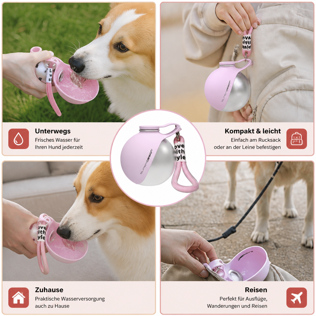 2-in-1 Reise-Trinkflasche für Hunde – Auslaufsichere Edelstahl-Wasserflasche mit Silikonnapf