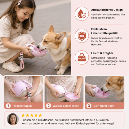 2-in-1 Reise-Trinkflasche für Hunde – Auslaufsichere Edelstahl-Wasserflasche mit Silikonnapf