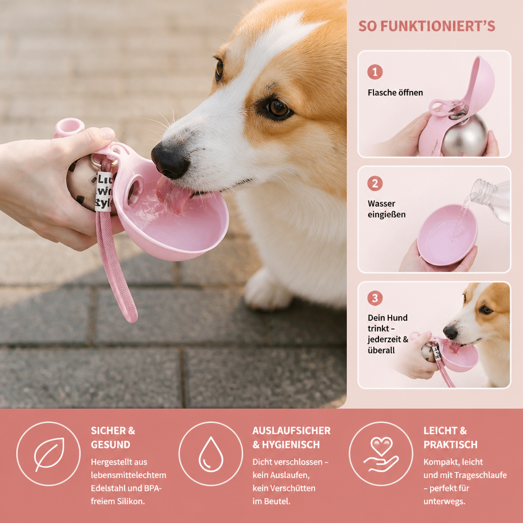2-in-1 Reise-Trinkflasche für Hunde – Auslaufsichere Edelstahl-Wasserflasche mit Silikonnapf