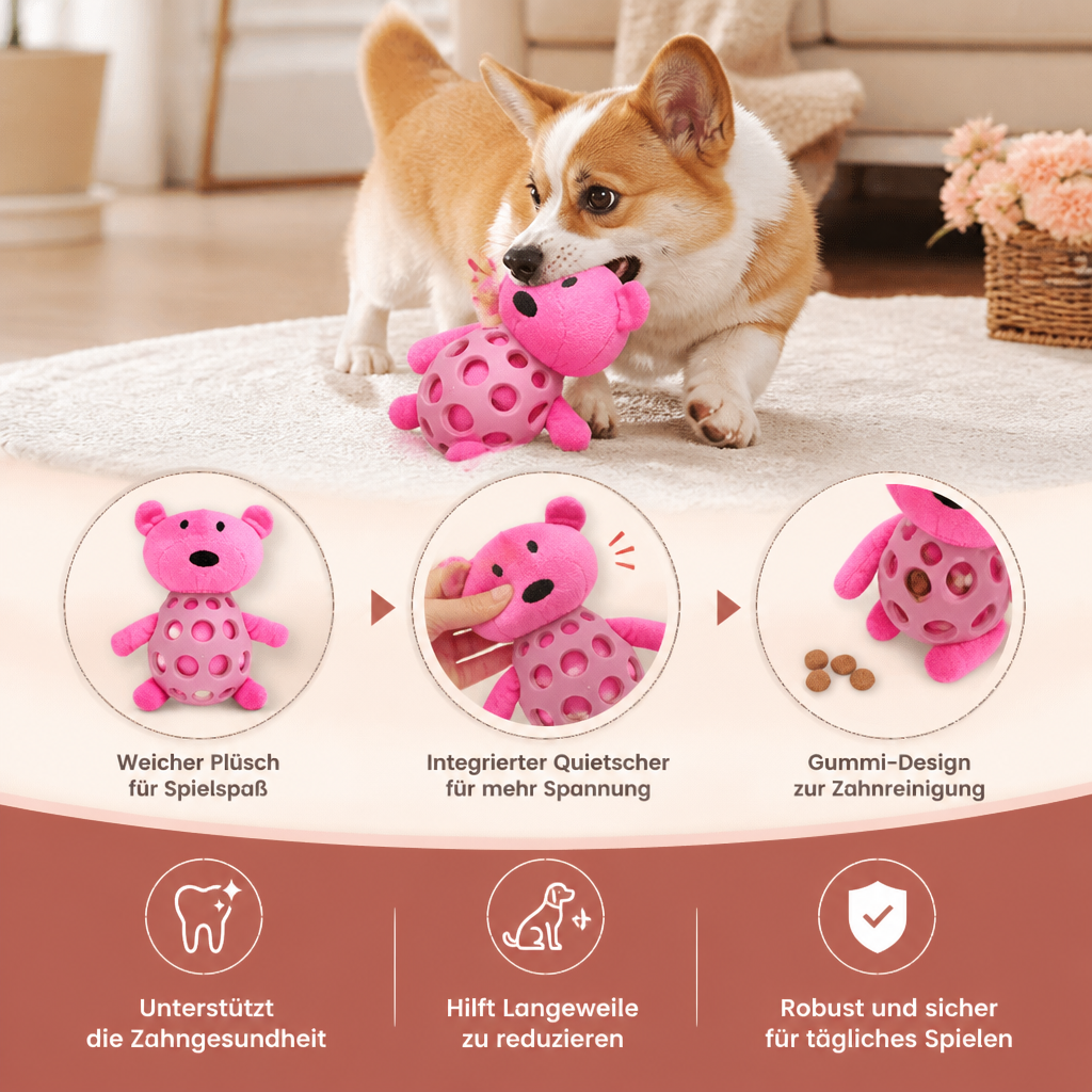 2-in-1-Bären-Hundespielzeug – Quietschendes Plüschtier & Zahnpflege-Kauspielball
