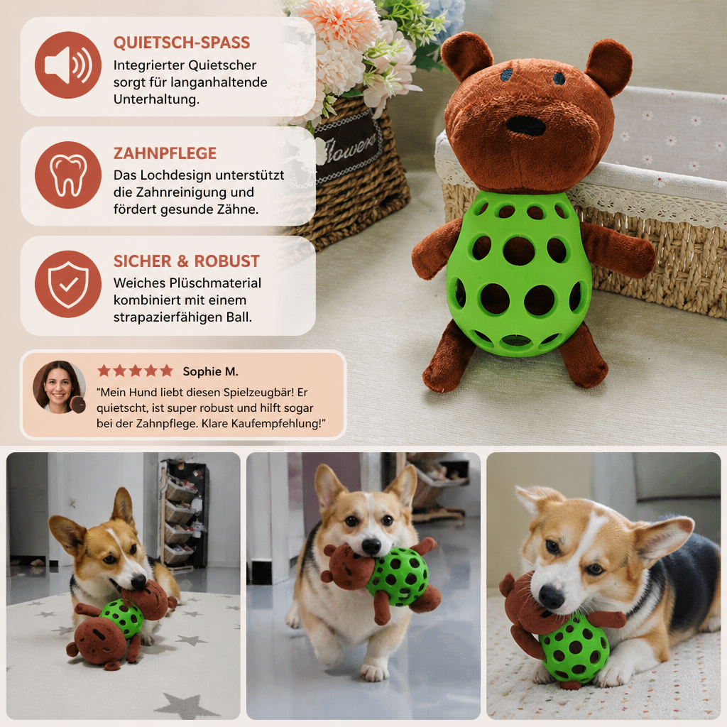 2-in-1-Bären-Hundespielzeug – Quietschendes Plüschtier & Zahnpflege-Kauspielball
