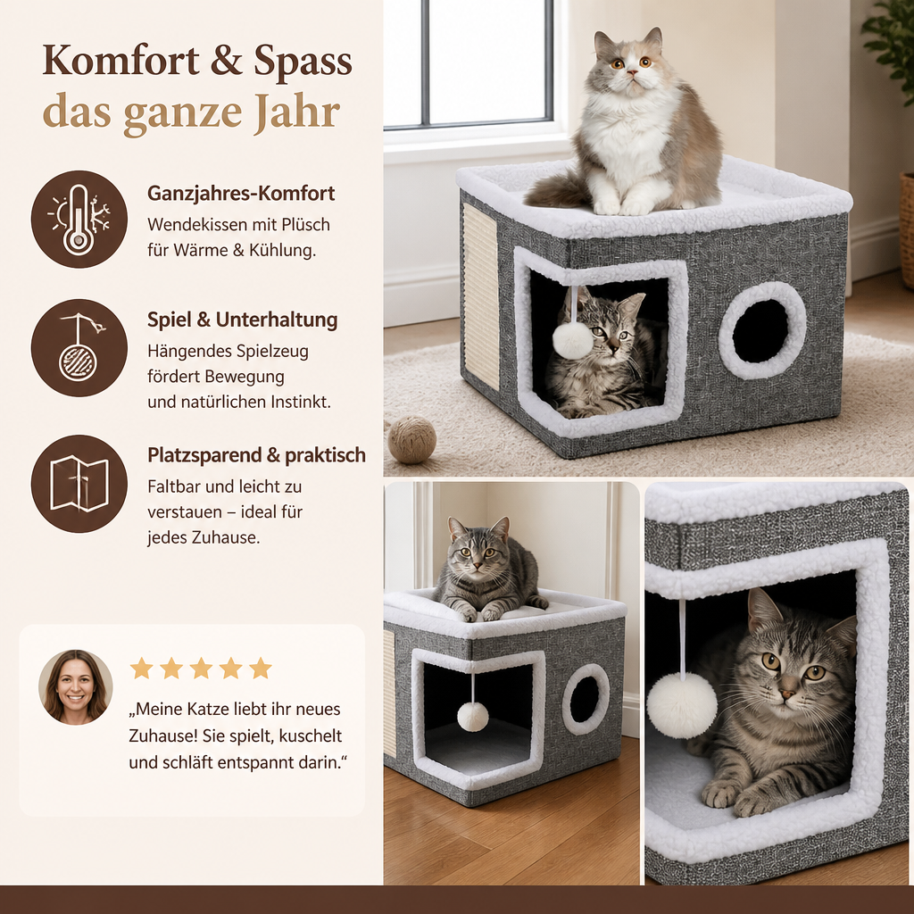 Modernes faltbares Katzenhaus mit doppelseitigem Ganzjahreskissen & Hängespielzeug