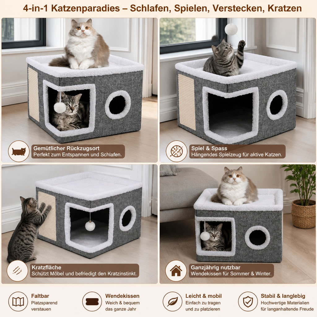 Modernes faltbares Katzenhaus mit doppelseitigem Ganzjahreskissen & Hängespielzeug