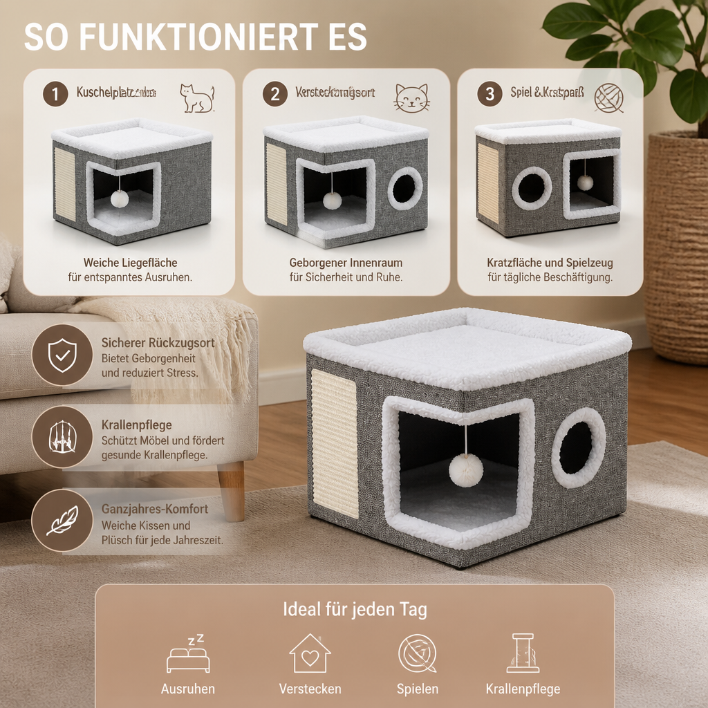Modernes faltbares Katzenhaus mit doppelseitigem Ganzjahreskissen & Hängespielzeug