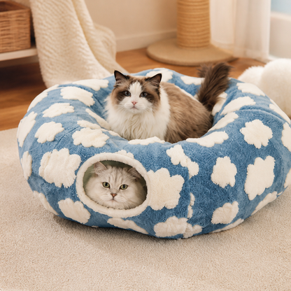Flauschiger 2-in-1 Spieltunnel & beruhigendes Haustierbett mit Kuscheldecke und Guckloch