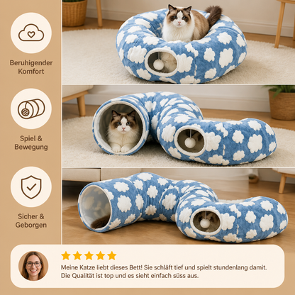 Flauschiger 2-in-1 Spieltunnel & beruhigendes Haustierbett mit Kuscheldecke und Guckloch