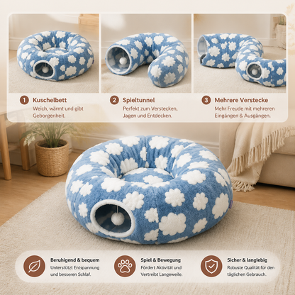 Flauschiger 2-in-1 Spieltunnel & beruhigendes Haustierbett mit Kuscheldecke und Guckloch