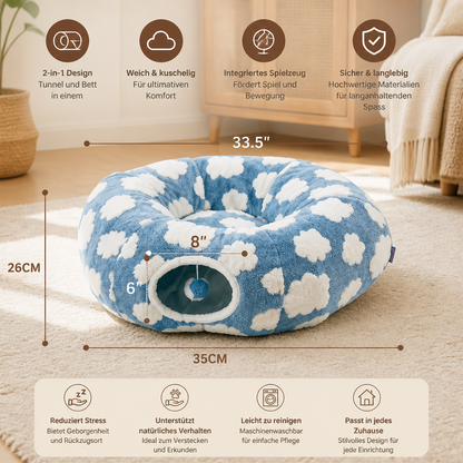 Flauschiger 2-in-1 Spieltunnel & beruhigendes Haustierbett mit Kuscheldecke und Guckloch