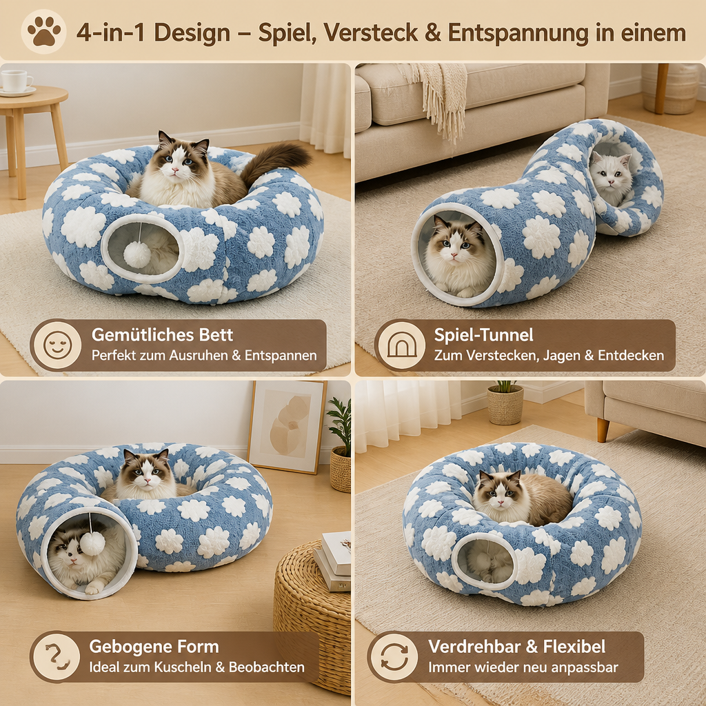 Flauschiger 2-in-1 Spieltunnel & beruhigendes Haustierbett mit Kuscheldecke und Guckloch