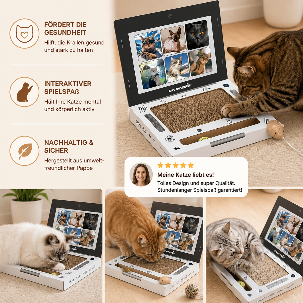 Laptop-Katzenkratzer aus Pappe & interaktives Spielzeug