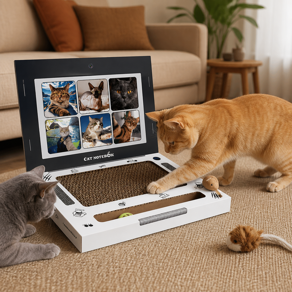 Laptop-Katzenkratzer aus Pappe & interaktives Spielzeug