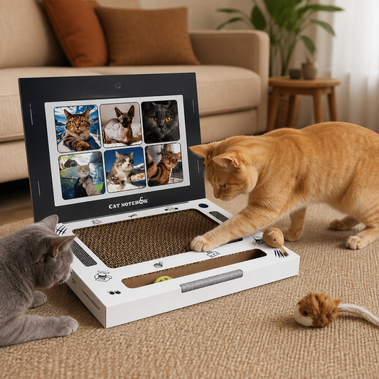 Laptop-Katzenkratzer aus Pappe & interaktives Spielzeug