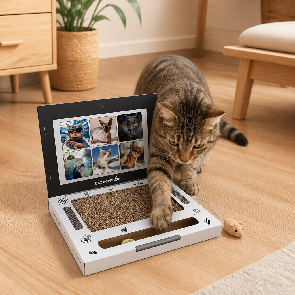 Laptop-Katzenkratzer aus Pappe & interaktives Spielzeug