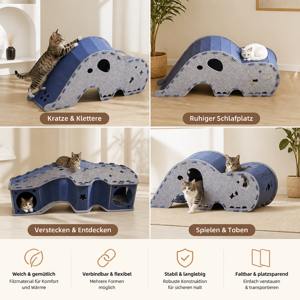 Elefantenförmiger Katzen-Spieltunnel aus Filz & gemütliches Bett – Faltbares und verbindbares Design