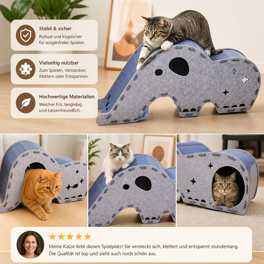 Elefantenförmiger Katzen-Spieltunnel aus Filz & gemütliches Bett – Faltbares und verbindbares Design
