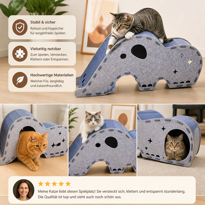Elefantenförmiger Katzen-Spieltunnel aus Filz & gemütliches Bett – Faltbares und verbindbares Design