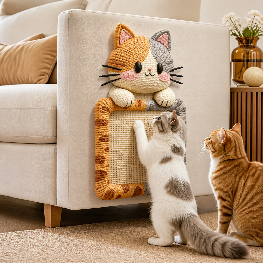 2-in-1 Gewebte selbstklebende Katzen-Kratzmatte & Möbelschutz mit interaktivem Spielzeug