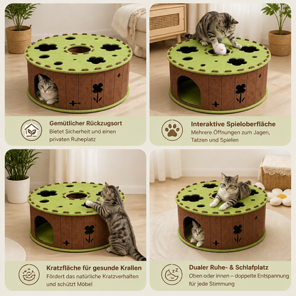 4-in-1-Faltbares Katzen-Tunnelhaus – Interaktives Versteck, Kratzbaum und Spielbett