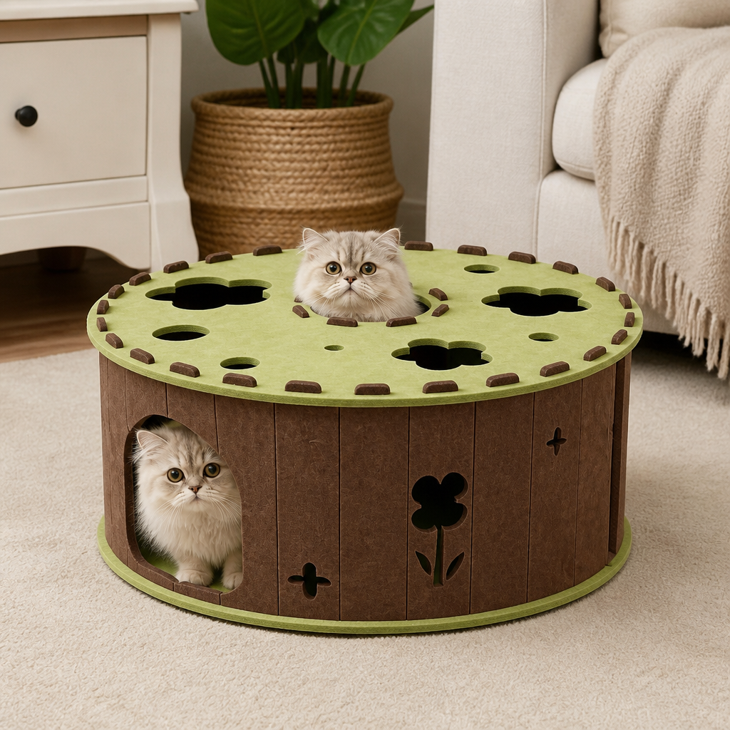 4-in-1-Faltbares Katzen-Tunnelhaus – Interaktives Versteck, Kratzbaum und Spielbett