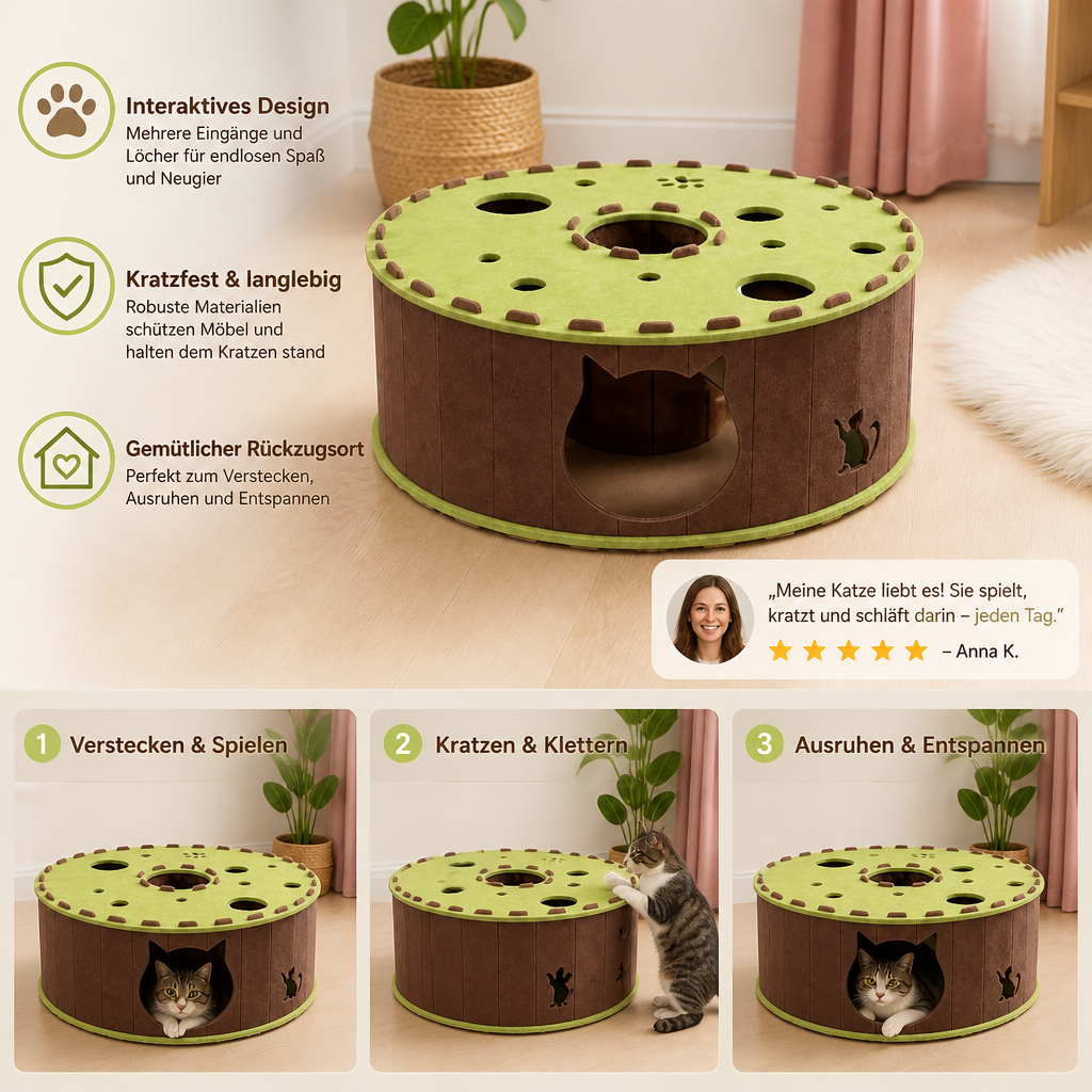 4-in-1-Faltbares Katzen-Tunnelhaus – Interaktives Versteck, Kratzbaum und Spielbett