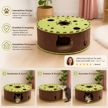 4-in-1-Faltbares Katzen-Tunnelhaus – Interaktives Versteck, Kratzbaum und Spielbett