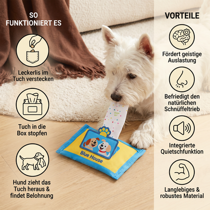 Langlebiges Schnüffelspielzeug für Hunde im Tuchbox Design – Mit Versteckfach & Quietschfunktion