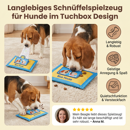Langlebiges Schnüffelspielzeug für Hunde im Tuchbox Design – Mit Versteckfach & Quietschfunktion
