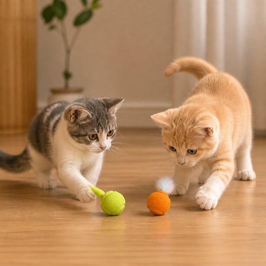 2er-Pack interaktive Katzenbälle – Plüschfeder-Schwanz und Quietschgeräusch